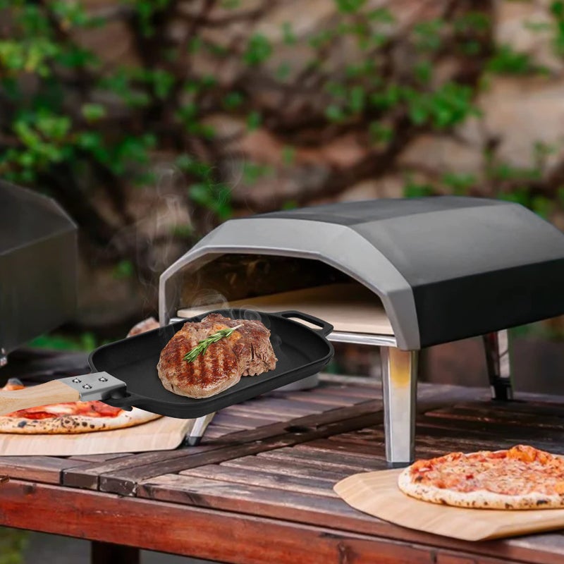 Mimiuo Cast Iron Sizzler Pan for Pizza Oven and Grill, 14 Inch Non-Stick Sizzling Fajita Skillet Rectangular Griddle Pan with Removable Handle for Stove Cooking Grilling Meats Seafood - Image 2