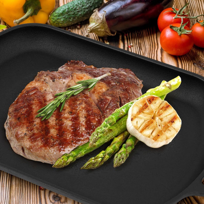 Mimiuo Cast Iron Sizzler Pan for Pizza Oven and Grill, 14 Inch Non-Stick Sizzling Fajita Skillet Rectangular Griddle Pan with Removable Handle for Stove Cooking Grilling Meats Seafood - Image 5