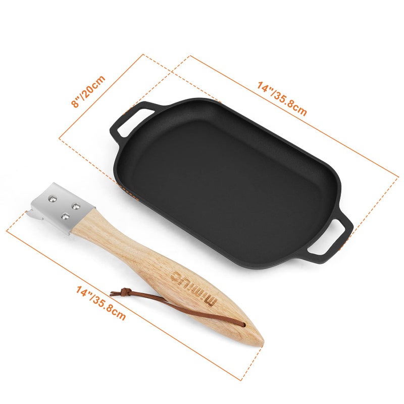Mimiuo Cast Iron Sizzler Pan for Pizza Oven and Grill, 14 Inch Non-Stick Sizzling Fajita Skillet Rectangular Griddle Pan with Removable Handle for Stove Cooking Grilling Meats Seafood - Image 3