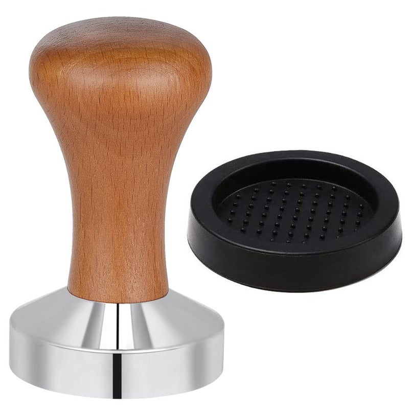 Vicloon Coffee Tamper 51mm Espresso Coffee Tamper Stainless Steel Espresso Tamper Wooden Tamper Coffee Shop Supplies with Silicone Tamper Mat
