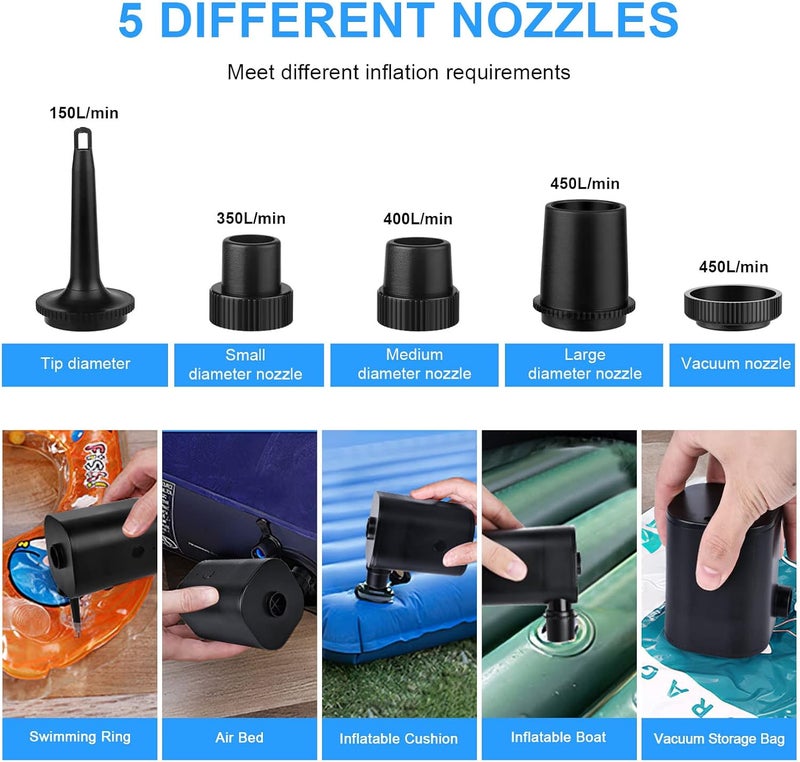 Rhitchy Electric Air Pump, Battery-powered Pump: Portable Camping Pump, Bed Pump, 2500 mAh Rechargeable Battery, USB Electric Air Pump, 6 Air Nozzles, Swimming Ring, Pool Toy, Air - Image 5
