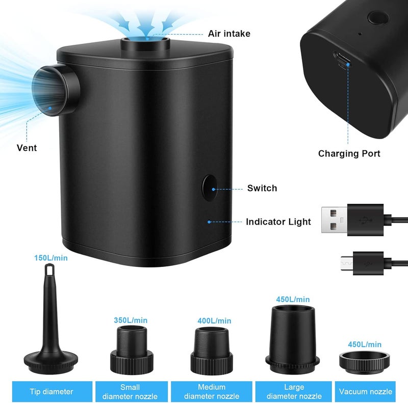 Rhitchy Electric Air Pump, Battery-powered Pump: Portable Camping Pump, Bed Pump, 2500 mAh Rechargeable Battery, USB Electric Air Pump, 6 Air Nozzles, Swimming Ring, Pool Toy, Air - Image 4