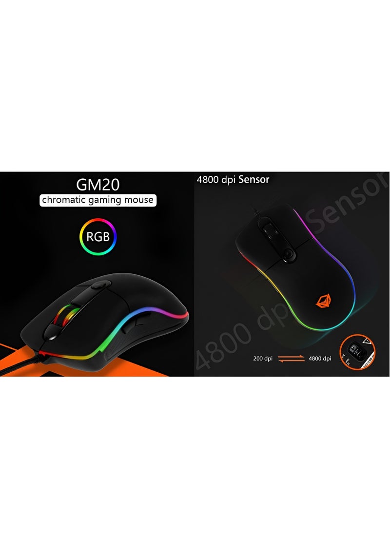 GM20 Wired Gaming Mouse with RGB Lighting 4800 DPI and Custom Functions Gaming Chip with Memory -1.8m cable- Black