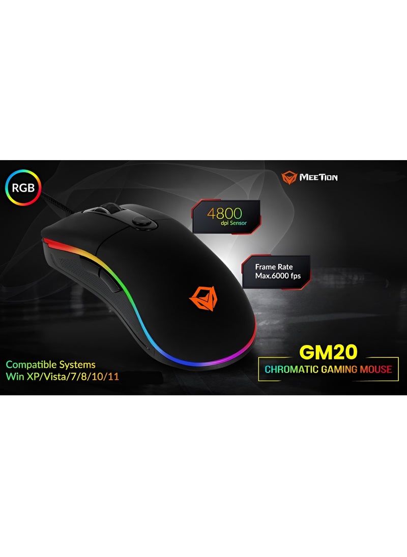 GM20 Wired Gaming Mouse with RGB Lighting 4800 DPI and Custom Functions Gaming Chip with Memory -1.8m cable- Black