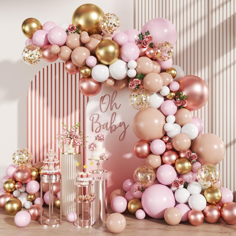 MEBAY Rose Gold Balloon Arch Kit, 147Pcs Metallic Gold White Pastel Nude Pink and Rose Gold Balloons Garland with Confetti for Wedding Bridal Baby Shower Princess Girl Birthday Party Decorations - Image 1