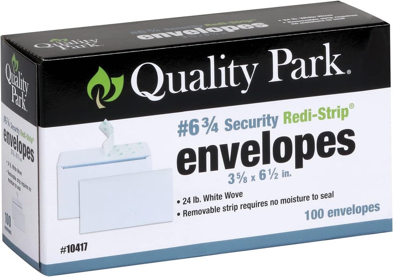 Quality Park #6 3/4 Self-Seal Security Envelopes, Security Tint and Pattern, Redi-Strip Closure, 24-lb White Wove, 3-5/8 x 6-1/2, 100/Box (QUA10417) - Image 1