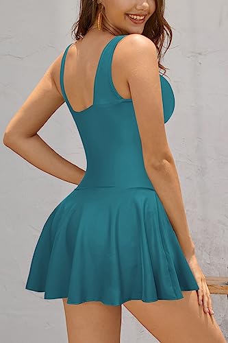 SHEKINI Women's V Neck One Piece Skirt Swimsuit Ruched Retro Swimdress Bathing Suit (Small, Deep Green) - Image 4