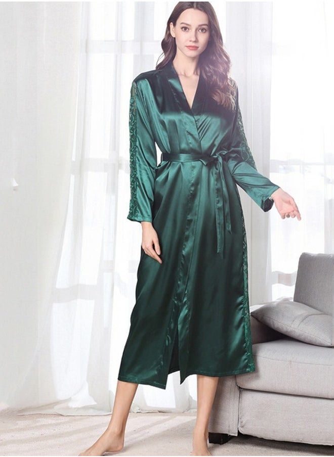 Loquat - Women's Solid Color Lace Stitching Imitation Silk Nightgown Soft Loungewear Sleepwear Night-Robe Blackish Green - Image 1