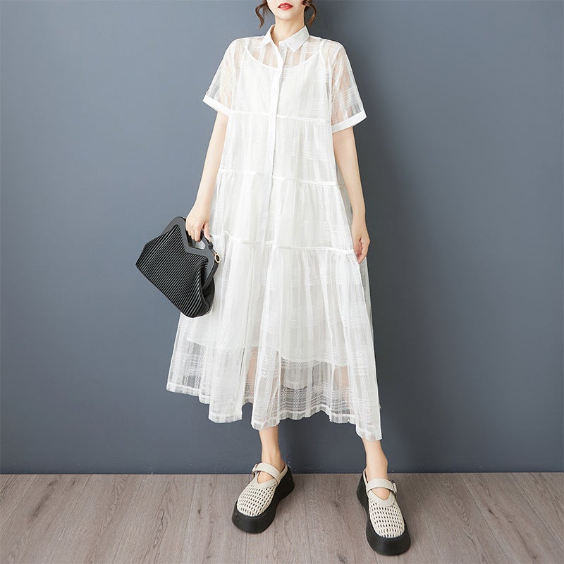Real Shot of Summer New Dark Style Organza Splicing Pleated Dress Plus Size Fat mm Slimming Look Two-Piece Shirt Dress White two-piece set