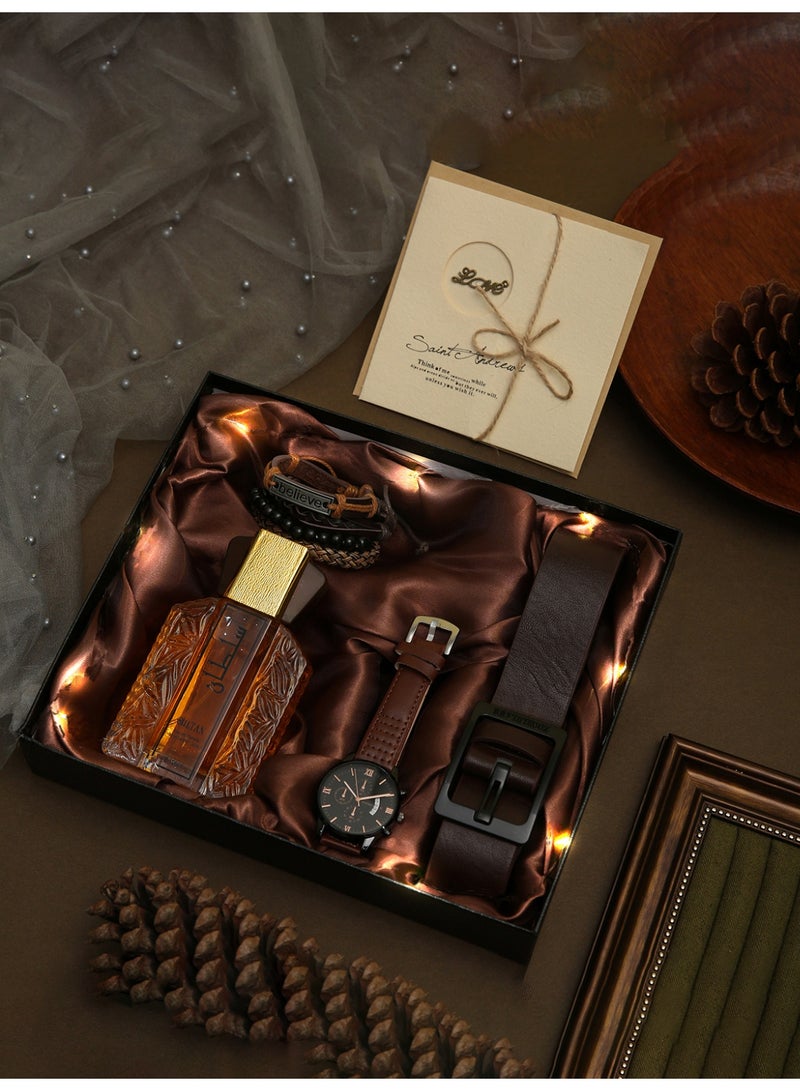 7pcs gentleman elegant men's watch set, brown PU leather black quartz watch +3pcs bracelet+perfume+belt+exquisite greeting card, giving atmosphere LED lights. - Image 1