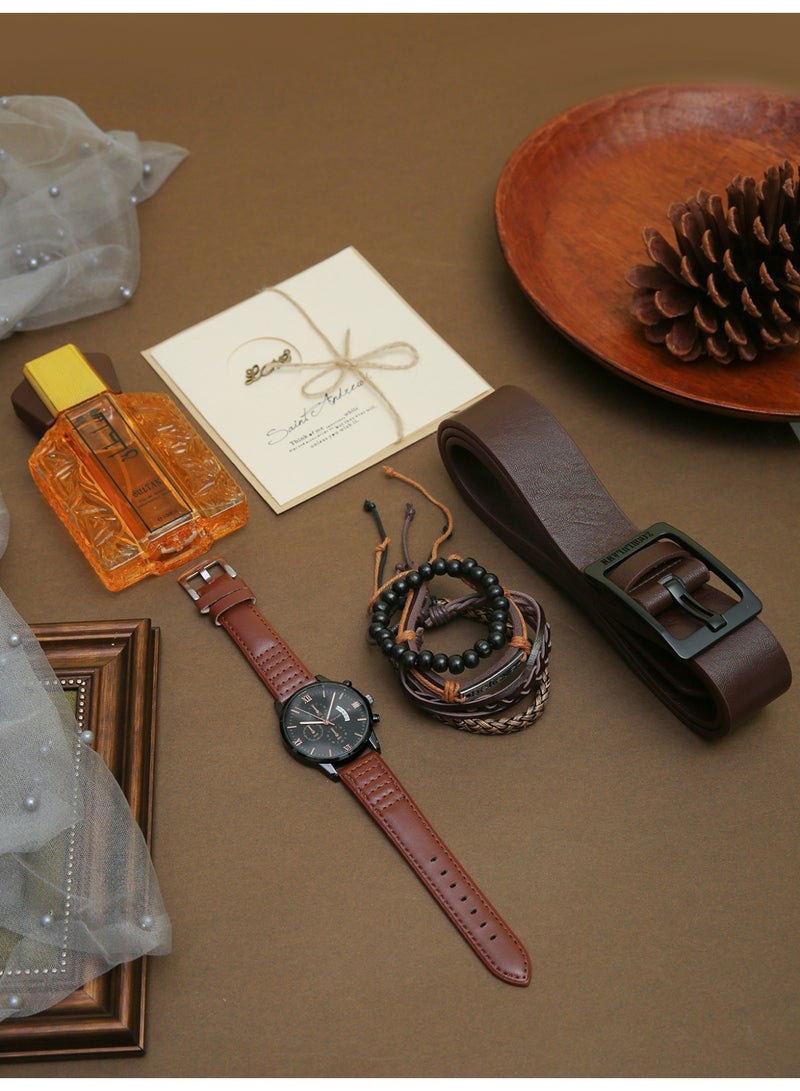7pcs gentleman elegant men's watch set, brown PU leather black quartz watch +3pcs bracelet+perfume+belt+exquisite greeting card, giving atmosphere LED lights. - Image 2