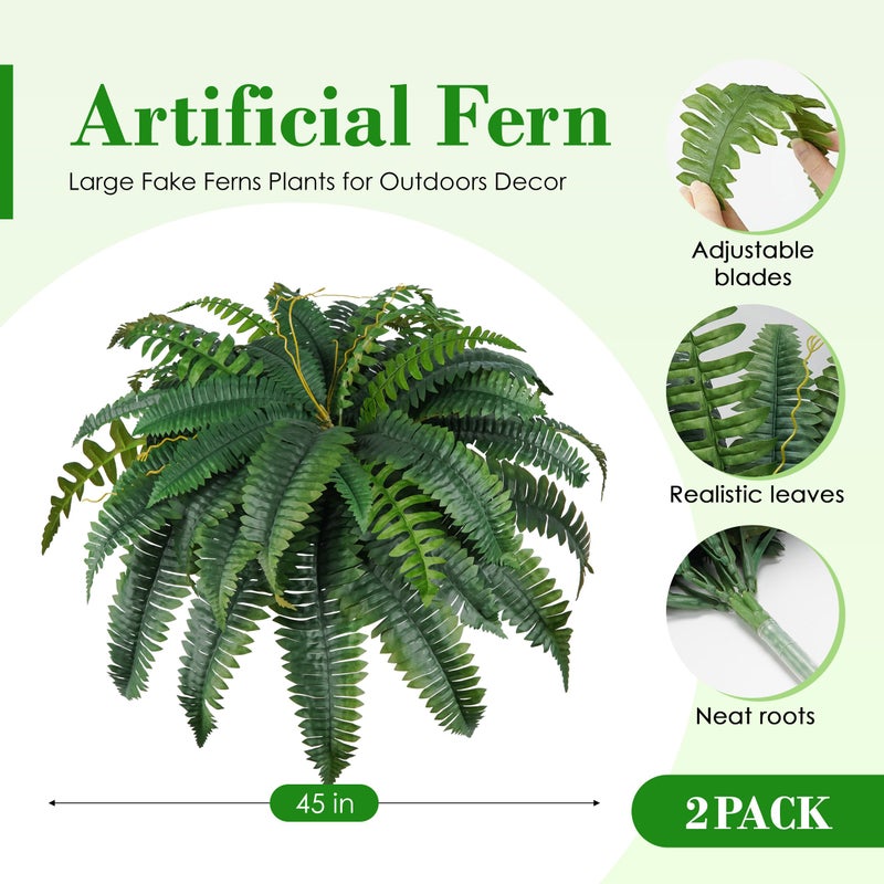 Der Rose 2PCS 45 inch 60 Leaves Fake Ferns Large, UV Resistant Artificial Plants Outdoor Faux Boston Ferns Bush Plants for Home Porch Patio Hanging Decor - Image 3