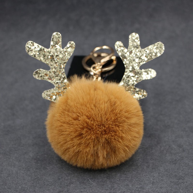 New Christmas Antlers Fur Ball Keychain Luminous Antlers Plush Ladies Bag Keychain Car Accessories - Image 1