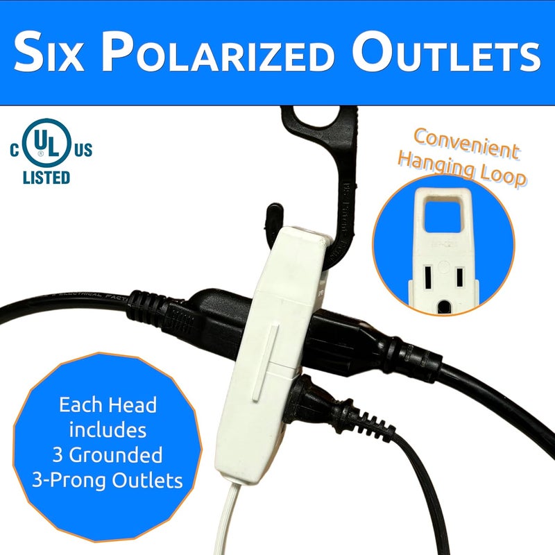 W4W , Twin Extension Cord Power Strip - 12 Foot Cord - 6 feet on Each Side - Flat Head (Wall Hugger) Outlet Plug - 6 Polarized Outlets with Safety Cover - Image 3