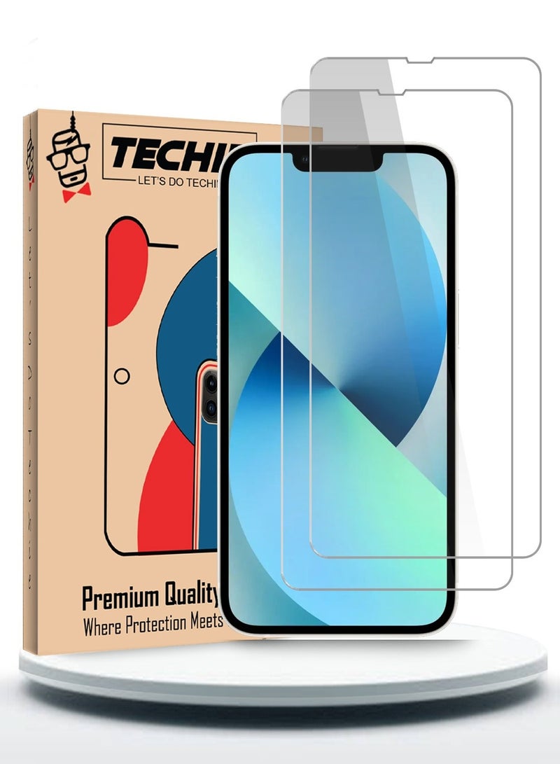 Techie 2 Pack HD Tempered Glass Screen Protector for Apple iPhone 13 - Anti Reflection Anti Bubbles 9H Hardness 0.33 mm Rounded Edges Easy Installation  - Image 1