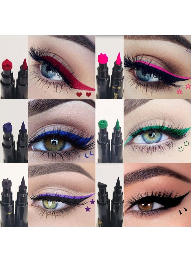 Jutqut - 6 Pcs Double-Head Liquid Stamp Eyeliner, Colored 6 In 1 Stars Flowers Hearts Moon Smiley Face Triangle Stamps Makeup Stamp Set, Waterproof Slim Gel Felt Tip Liquid Eyeliner, Halloween Makeup - Image 1