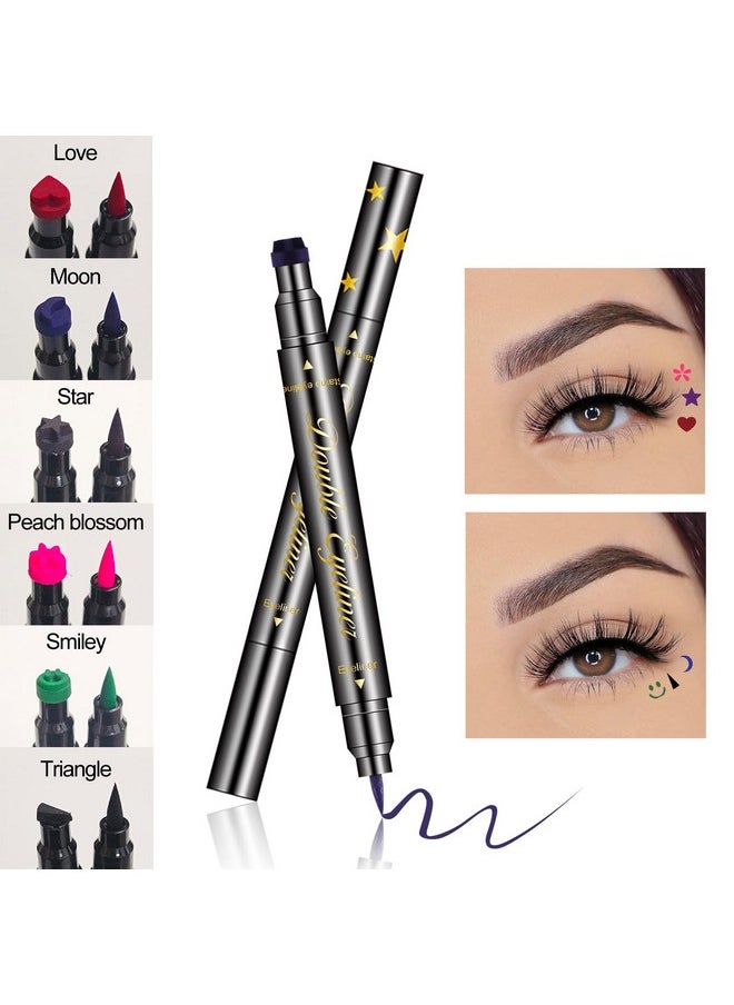 Jutqut - 6 Pcs Double-Head Liquid Stamp Eyeliner, Colored 6 In 1 Stars Flowers Hearts Moon Smiley Face Triangle Stamps Makeup Stamp Set, Waterproof Slim Gel Felt Tip Liquid Eyeliner, Halloween Makeup - Image 1