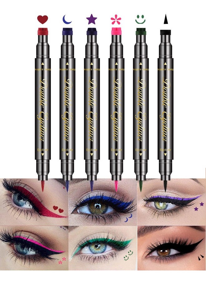 Jutqut - 6 Pcs Double-Head Liquid Stamp Eyeliner, Colored 6 In 1 Stars Flowers Hearts Moon Smiley Face Triangle Stamps Makeup Stamp Set, Waterproof Slim Gel Felt Tip Liquid Eyeliner, Halloween Makeup - Image 1