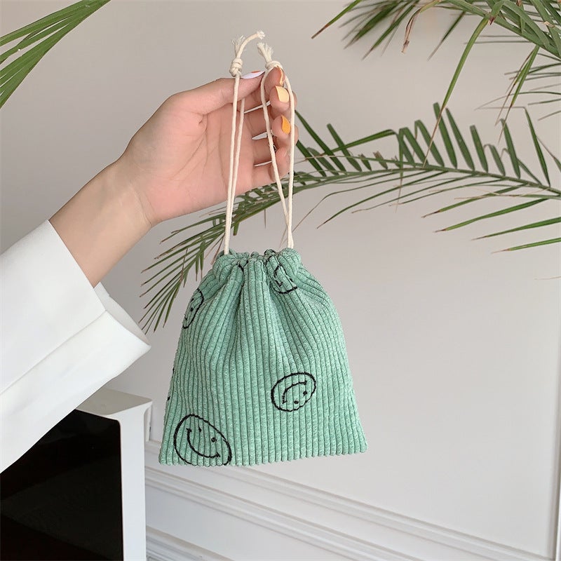 Retro Corduroy Smiley Drawstring Tote Bag Grass Green Smiley small size 