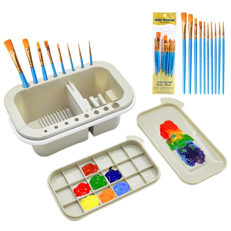 ZLY Paint Brush Cleaner Palett Basin with 10 PCS Paint Brushes,Paints Brush Holder and Organizers with Palette for Acrylic, for Watercolor and Water Based Paints (Gery) - Image 1