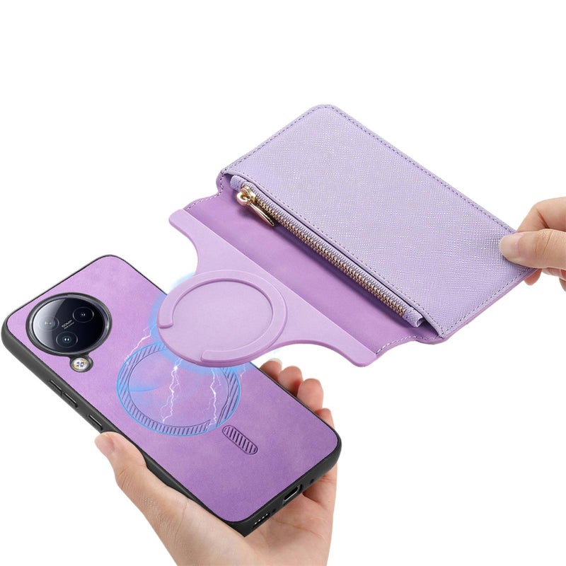 غطاء هاتف بملمس جلد لـ Redmi Note 14 مع حامل بطاقات وحامل قائم مع مغناطيسي قوي باللون بنفسجي بوظيفة حامل باللون الأحمر باللون البنفسجي - Image 1