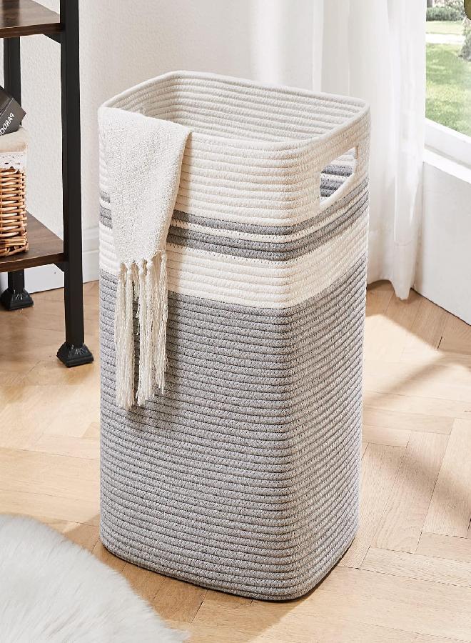 OIAHOMY OIAHOMY Laundry Hamper-Laundry Basket,Tall Cotton Storage Basket with Handles,Decorative Blanket Basket for Living room,Collapsible Large Basket for Toys,Pillows,Clothes Organizer-16x13x22in-Gray  - Image 5