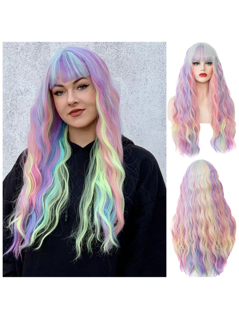 Bluejw Women's Multi Color Rainbow Wig, 27 Inches Long Curly Wavy Hair Wig Heat Resistant Fibers Synthetic For Women Girl Cosplay Party Cap Included Costume (Multi Rainbow) - Image 2