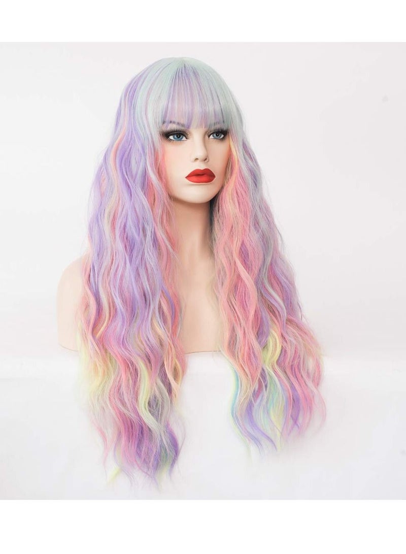 Bluejw Women's Multi Color Rainbow Wig, 27 Inches Long Curly Wavy Hair Wig Heat Resistant Fibers Synthetic For Women Girl Cosplay Party Cap Included Costume (Multi Rainbow) - Image 3
