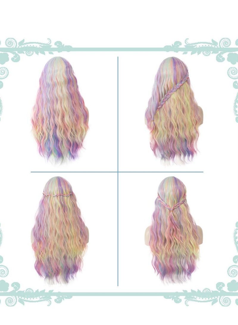 Bluejw Women's Multi Color Rainbow Wig, 27 Inches Long Curly Wavy Hair Wig Heat Resistant Fibers Synthetic For Women Girl Cosplay Party Cap Included Costume (Multi Rainbow) - Image 4