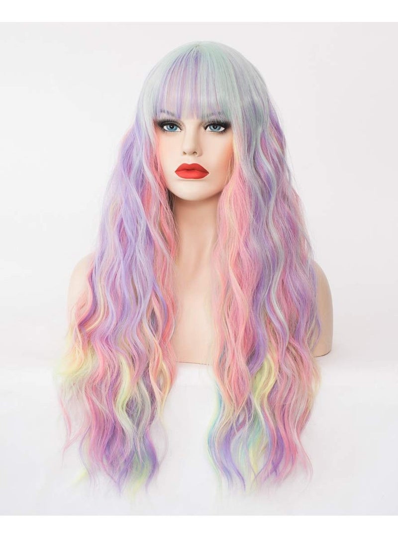 Bluejw Women's Multi Color Rainbow Wig, 27 Inches Long Curly Wavy Hair Wig Heat Resistant Fibers Synthetic For Women Girl Cosplay Party Cap Included Costume (Multi Rainbow) - Image 1