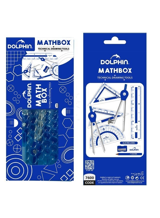 Dolphin Math Box 7600  Blue, Technical Drawing Tools Set with Compass, Ruler, Protractor & Accessories for School & Engineering Use - Image 2