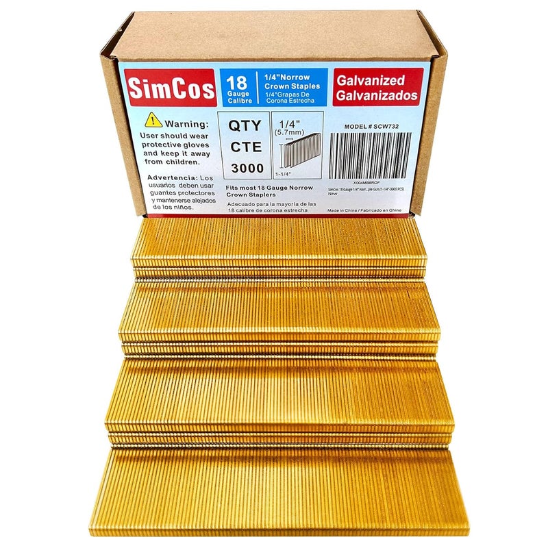 SimCos 18 Gauge 1/4" Narrow Crown Staples, Galvanized Upholstery Staples for 18 GA Pneumatic or Electric Stapler or Staple Gun (1-1/4"-3000 PCS) - Image 1