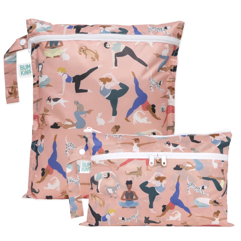 Bumkins - Waterproof Wet Bag & Wet/Dry Clutch Bags - For Beach, Baby, Travel, Swim Suit, Cloth Diapers, Pump Parts, Pool, Gym, Toiletries - Reusable & Easy to Clean - Yoga Pals - 2 Pack - Image 1