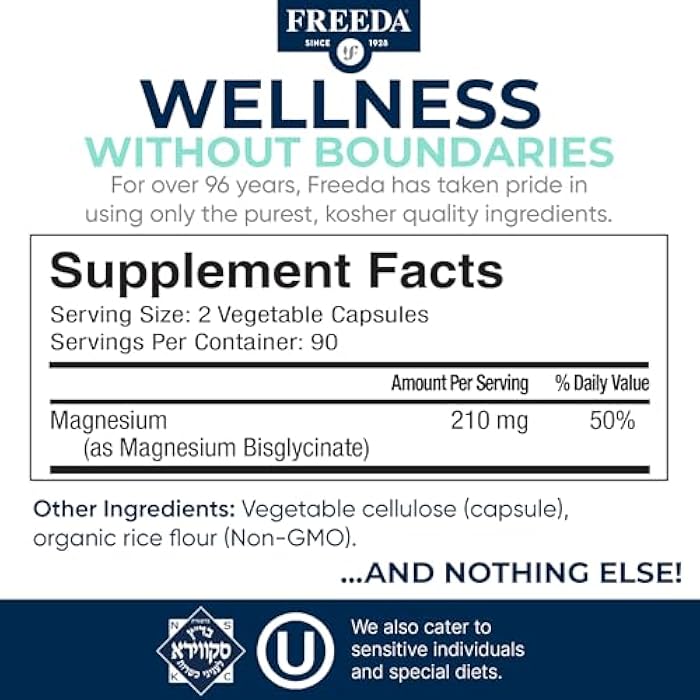 Freeda Magnesium Glycinate | High Absorption Chelated Magnesium | No Oxide | Supports Sleep, Muscle & Nerve Function | Non-GMO, Vegan, Kosher | Gentle on Digestion | 90 Capsules - Image 4