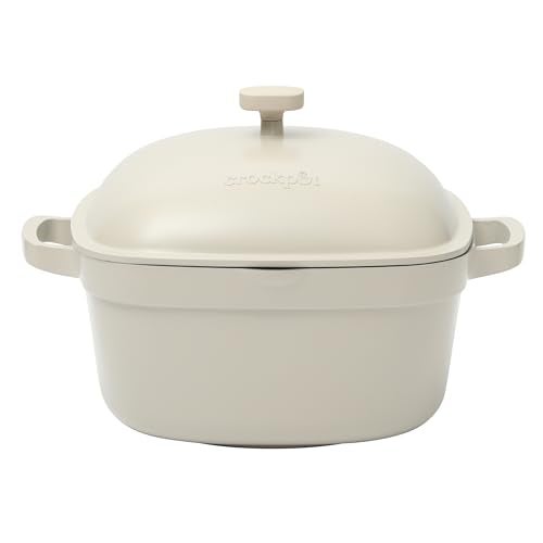 Crock-Pot Northvale Cast Aluminum Lightweight Durable 5.2 Quart Heavy Duty Dutch Oven Pot With Lid, Oven Safe, Dual Handles - Matte Linen White - Image 1