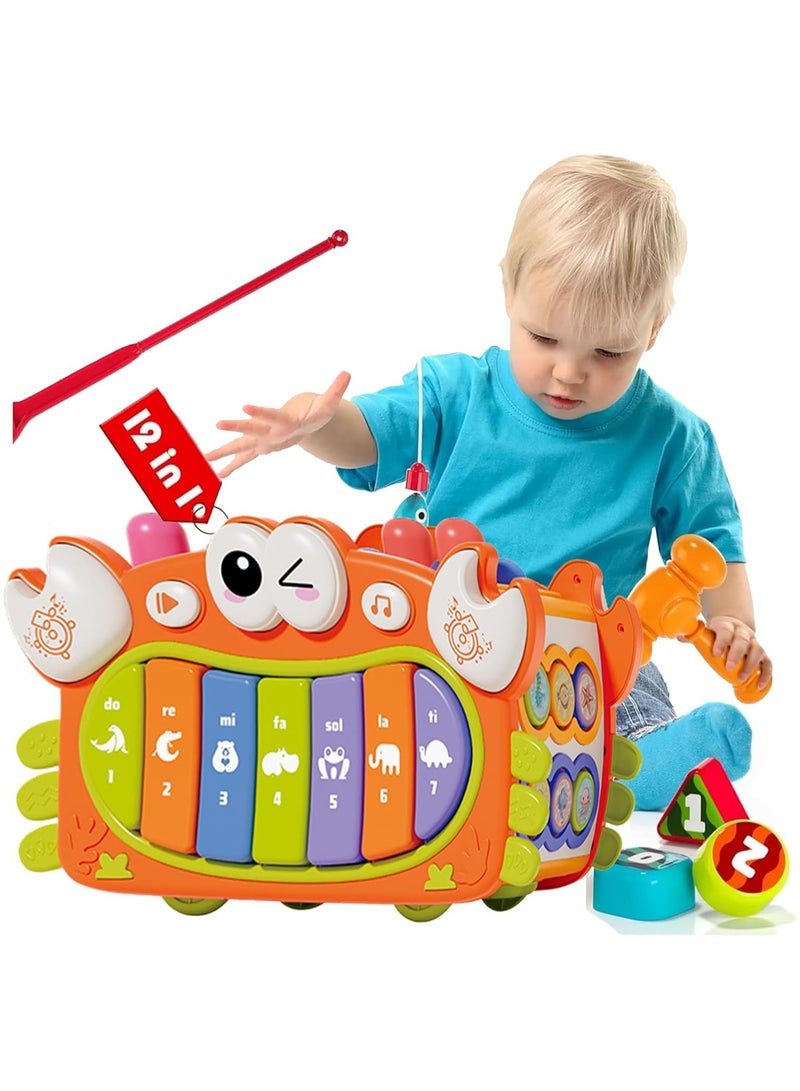 سوفام ألعاب سرطان البحر للأطفال بعمر عام واحد، 12 في مكعب نشاط مونتسوري، ألعاب التعلم الموسيقي المشغولة، صيد الأسماك، بيانو، طبول، فرز الأشكال، 12 3 سنة هدية عيد ميلاد (برتقالي) - Image 1