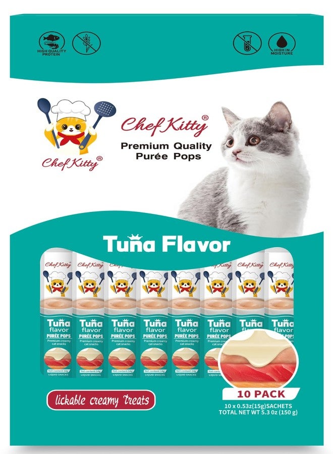 Chef Kitty Purée Pops, Cat Treats, Grain-Free, Lickable, Squeezable Creamy Cat Treat/Topper with Vitamin E & Taurine, 0.5 Ounces Each Tube, 10 Tubes, Tuna Flavor - Image 1