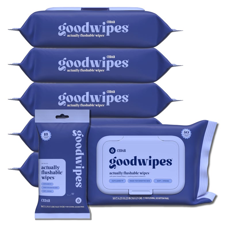 goodwipes Flushable Butt Wipes - Vitamin E & Aloe - Sewer & Septic Safe - Extra Large Adult Wet Wipes For Women & Men - Bathroom Essentials - Cedar, 318 Count (6 Packs + 1 Travel) - Image 1