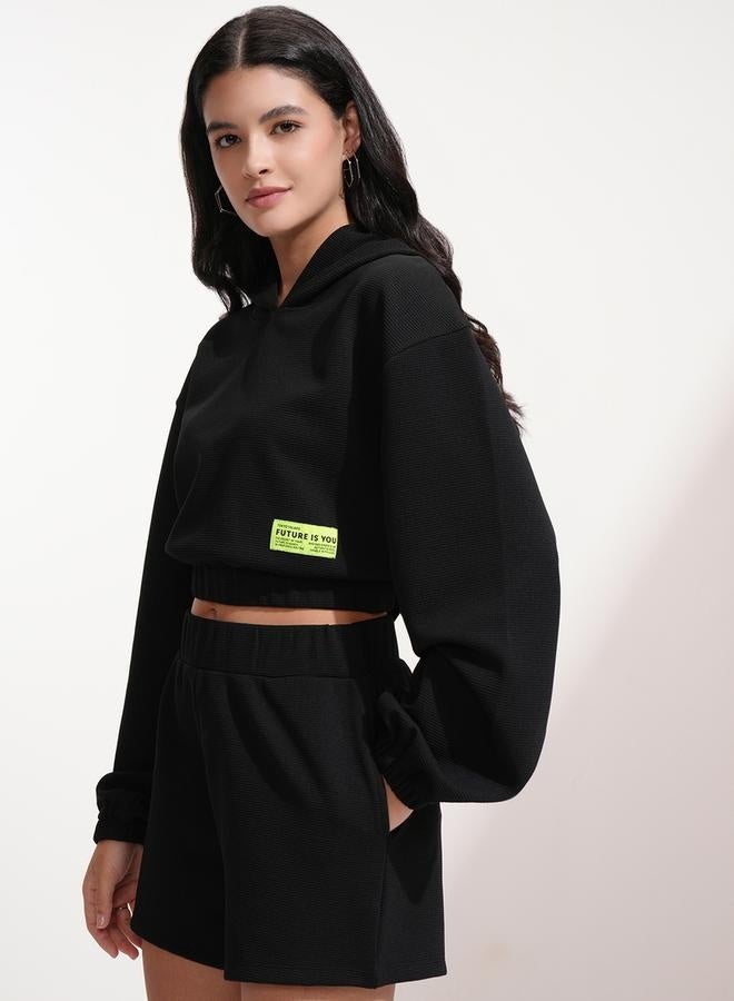 Tokyo Talkies Tokyo Talkies Solid Hooded Neck Top with Patch Detail and Shorts Co-Ords  - Image 4