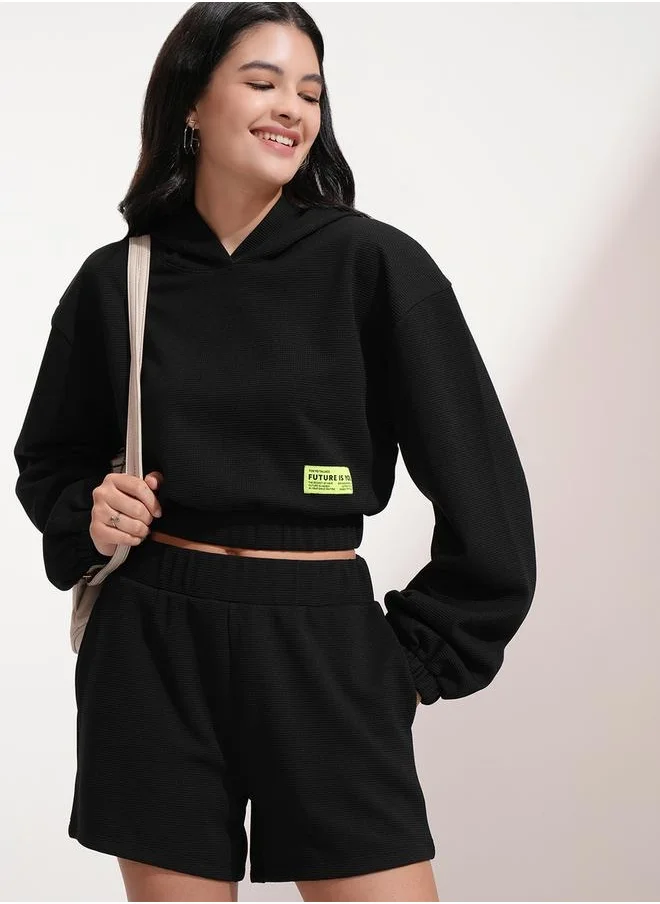 Tokyo Talkies Solid Hooded Neck Top with Patch Detail and Shorts Co-Ords by Styli