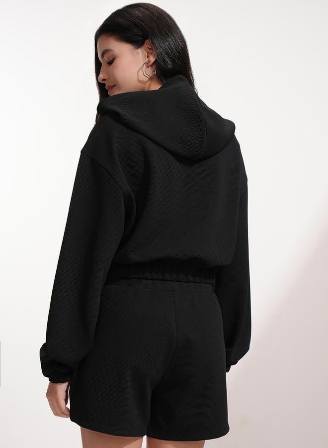 Tokyo Talkies Tokyo Talkies Solid Hooded Neck Top with Patch Detail and Shorts Co-Ords  - Image 3