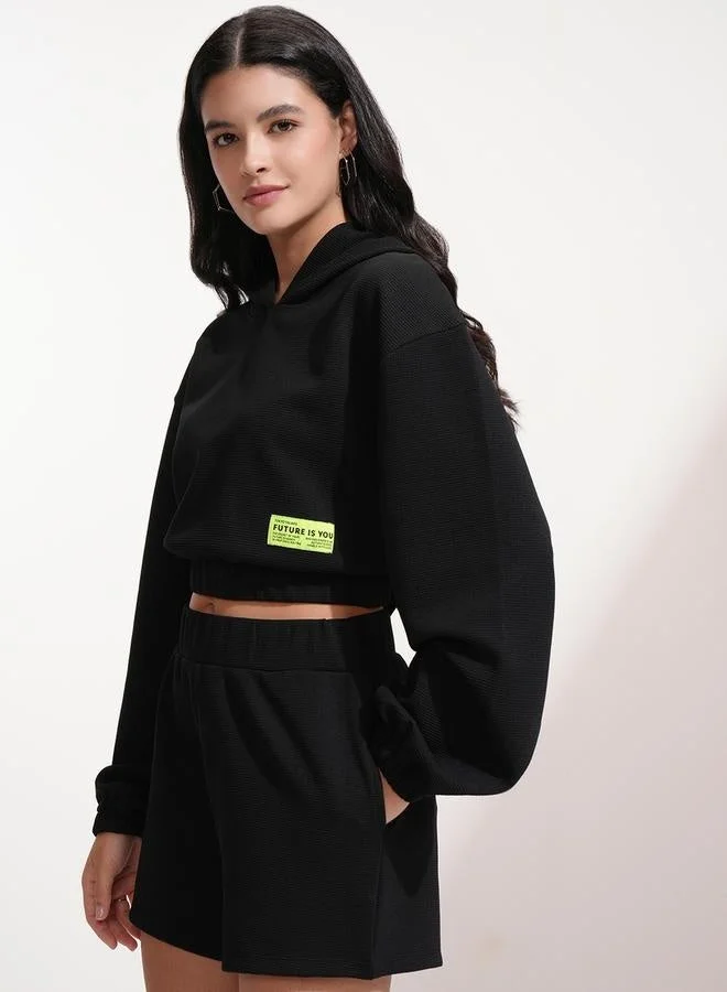 Tokyo Talkies Tokyo Talkies Solid Hooded Neck Top with Patch Detail and Shorts Co-Ords