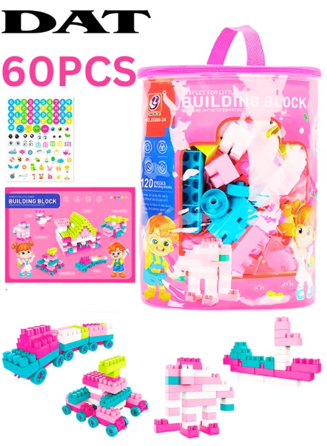 DAT 60-Piece Big Building Blocks Set for Kids – Wheels, Idea Guide & Stickers, Zipper Storage Bucket (Pastel Pink & Teal) | Ages 3+ - Image 1