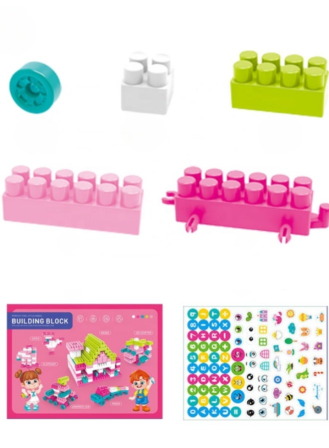 DAT 60-Piece Big Building Blocks Set for Kids – Wheels, Idea Guide & Stickers, Zipper Storage Bucket (Pastel Pink & Teal) | Ages 3+ - Image 2