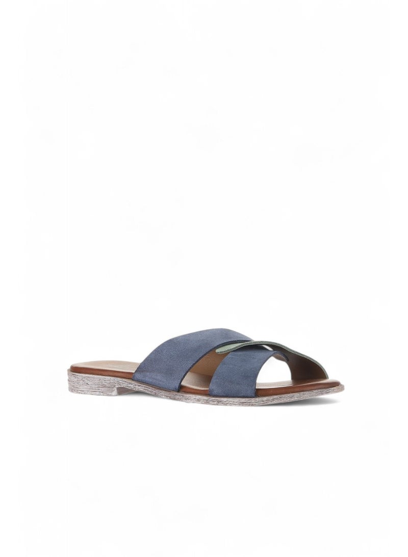 Bueno BUENO Women's Navy Blue and Sage Green Suede Leather Slide Sandals – Handmade Crisscross Flat Slip-On Summer Shoes with White-Washed Sole for Casual Wear  - Image 2