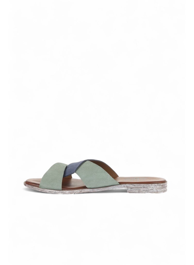 Bueno BUENO Women's Navy Blue and Sage Green Suede Leather Slide Sandals – Handmade Crisscross Flat Slip-On Summer Shoes with White-Washed Sole for Casual Wear  - Image 3