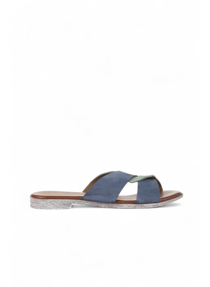 Bueno BUENO Women's Navy Blue and Sage Green Suede Leather Slide Sandals – Handmade Crisscross Flat Slip-On Summer Shoes with White-Washed Sole for Casual Wear  - Image 1