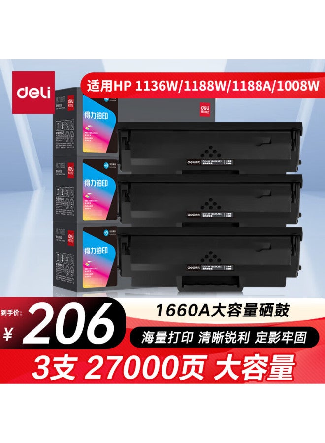 Deli 166a Toner Cartridge Compatible With Hp 1136w, Hp 1188w, 1188nw, 1188a, 1008w, 1003a Printers, 1660a Toner Cartridge, Non-refill, 3-pack, 9000 Pages