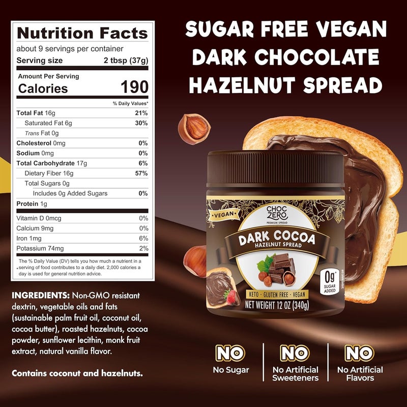 ChocZero Vegan Dark Cocoa Hazelnut Spread - Keto Friendly, Sugar Free, Low Carb Chocolate (12 oz) - Image 2