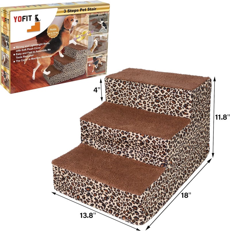 YOFIT Doggy Steps - Non-Slip 3 Steps Pet Stairs for Cats and Dogs, Foldable Plastic with Washable Carpet Holds Up to 50 lbs (Leopard) - Image 2
